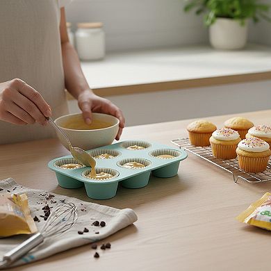 2-Piece Silicone Muffin Pan with 6 Round Cups Flexible Nonstick Bakeware