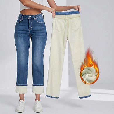 Women's Straight Leg Fleece Lined Denim Jeans with Mid Rise Fit and Soft Interior