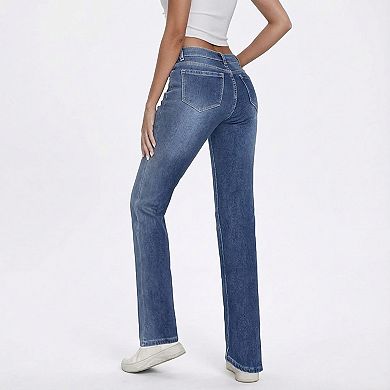 Women's Straight Leg Fleece Lined Denim Jeans with Mid Rise Fit and Soft Interior
