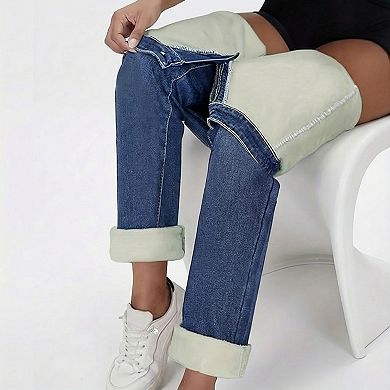 Women's Straight Leg Fleece Lined Denim Jeans with Mid Rise Fit and Soft Interior