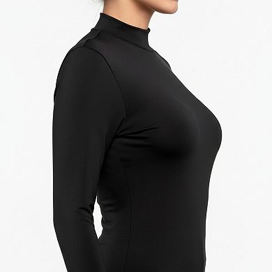 Women's Long Sleeve Fleece Lined Mock Neck Top with Soft Stretch Fabric and Slim Fit