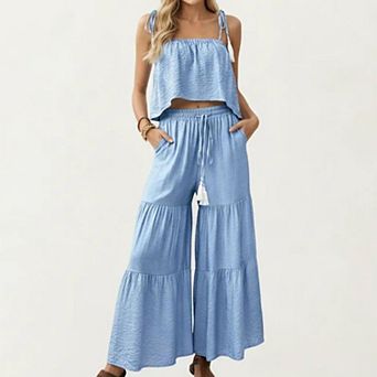 Women's 2 pc Sleeveless Crop Top and Wide Leg Pants Set with Tie Straps Drawstring Waist