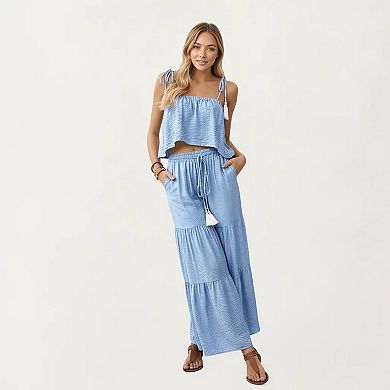 Women's 2-Piece Sleeveless Crop Top and Wide Leg Pants Set with Tie Straps Drawstring Waist