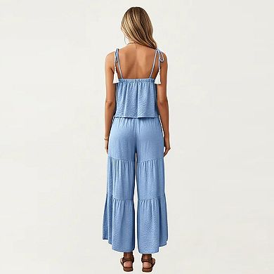 Women's 2-Piece Sleeveless Crop Top and Wide Leg Pants Set with Tie Straps Drawstring Waist