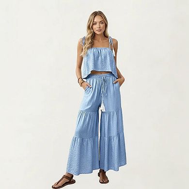 Women's 2-Piece Sleeveless Crop Top and Wide Leg Pants Set with Tie Straps Drawstring Waist
