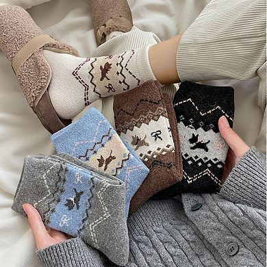 Women's 3-Pair Knit Crew Socks with Fair Isle Inspired Leaf and Geometric Pattern