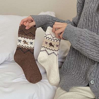 Women's 3-Pair Knit Crew Socks with Fair Isle Inspired Leaf and Geometric Pattern