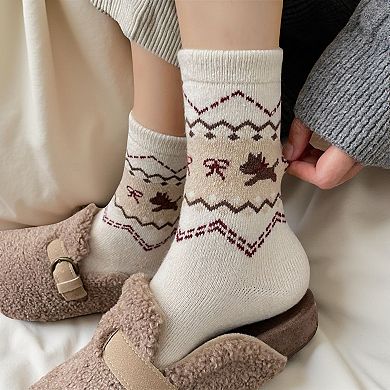 Women's 3-Pair Knit Crew Socks with Fair Isle Inspired Leaf and Geometric Pattern