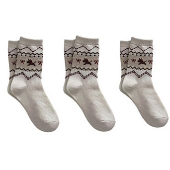 Women's 3-Pair Knit Crew Socks with Fair Isle Inspired Leaf and Geometric Pattern