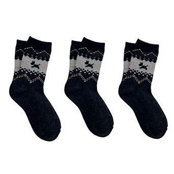 Women's 3-Pair Knit Crew Socks with Fair Isle Inspired Leaf and Geometric Pattern