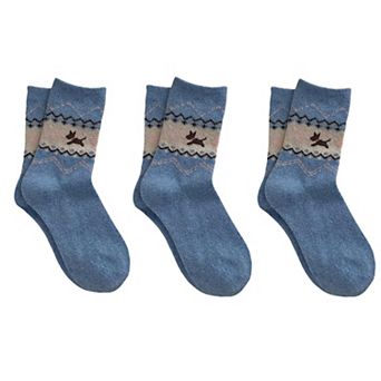 Women's 3-Pair Knit Crew Socks with Fair Isle Inspired Leaf and Geometric Pattern