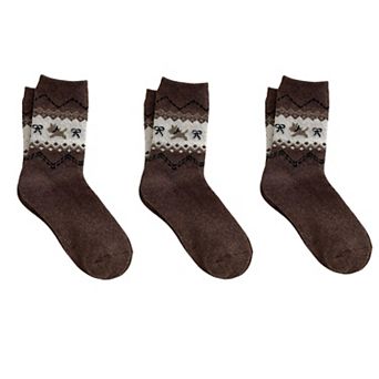 Women's 3-Pair Knit Crew Socks with Fair Isle Inspired Leaf and Geometric Pattern