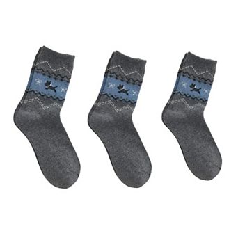 Women's 3-Pair Knit Crew Socks with Fair Isle Inspired Leaf and Geometric Pattern