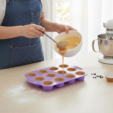 2-Piece Silicone Muffin Pan with 12 Round Cups Flexible Nonstick Bakeware