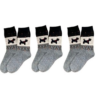 Women's 3-Pair Ribbed Knit Crew Socks with Dog Motif and Nordic Pattern