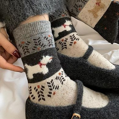 Women's 3-Pair Ribbed Knit Crew Socks with Dog Motif and Nordic Pattern
