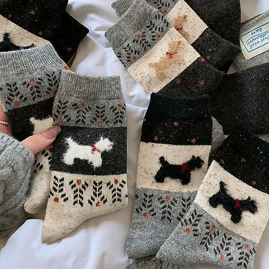 Women's 3-Pair Ribbed Knit Crew Socks with Dog Motif and Nordic Pattern