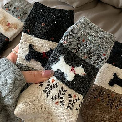Women's 3-Pair Ribbed Knit Crew Socks with Dog Motif and Nordic Pattern