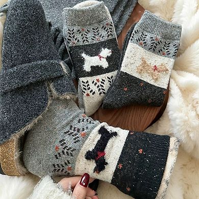 Women's 3-Pair Ribbed Knit Crew Socks with Dog Motif and Nordic Pattern