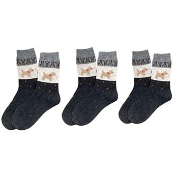 Women's 3-Pair Ribbed Knit Crew Socks with Dog Motif and Nordic Pattern
