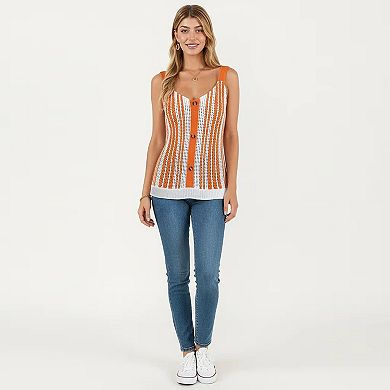 Women's Sleeveless Open Knit Button Front Sweater Tank Top with Scoop Neck and Fitted Shape