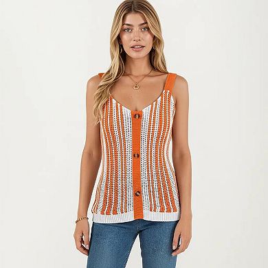 Women's Sleeveless Open Knit Button Front Sweater Tank Top with Scoop Neck and Fitted Shape