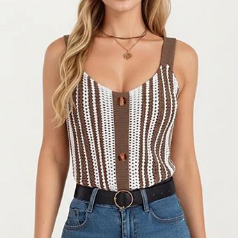 Women's Sleeveless Open Knit Button Front Sweater Tank Top with Scoop Neck and Fitted Shape