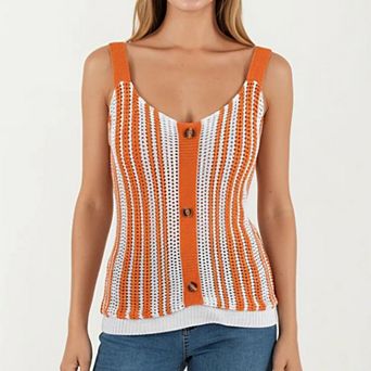 Women's Sleeveless Open Knit Button Front Sweater Tank Top with Scoop Neck and Fitted Shape