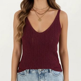 Women's Sleeveless Ribbed Open Knit Tank Top with V Neck and Slim Fit Silhouette