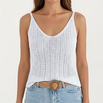 Women's Sleeveless Ribbed Open Knit Tank Top with V Neck and Slim Fit Silhouette