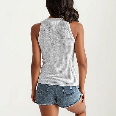 Women's Sleeveless Cable Knit Tank Top with Shoulder Button Detail and Ribbed Hem