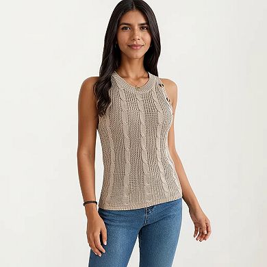 Women's Sleeveless Cable Knit Tank Top with Shoulder Button Detail and Ribbed Hem