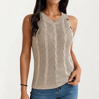 Women's Sleeveless Cable Knit Tank Top with Shoulder Button Detail and Ribbed Hem
