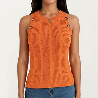 Women's Sleeveless Cable Knit Tank Top with Shoulder Button Detail and Ribbed Hem