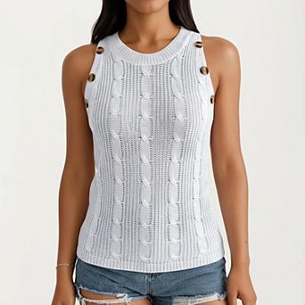 Women's Sleeveless Cable Knit Tank Top with Shoulder Button Detail and Ribbed Hem