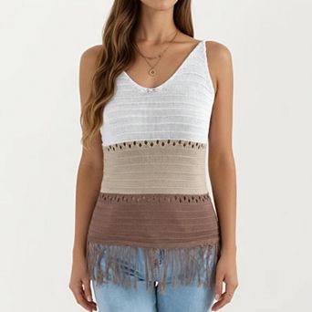 Women's Sleeveless Open Knit Tank Top with V Neck and Fringe Hem Detail