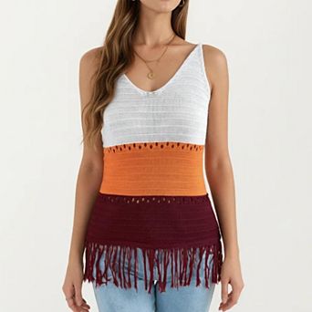 Women's Sleeveless Open Knit Tank Top with V Neck and Fringe Hem Detail