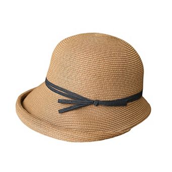Womens Packable Straw Cloche Hat with Ribbon Band