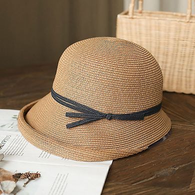Womens Packable Straw Cloche Hat with Ribbon Band