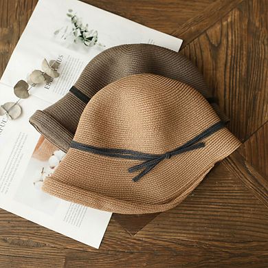 Womens Packable Straw Cloche Hat with Ribbon Band
