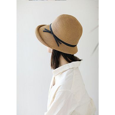 Womens Packable Straw Cloche Hat with Ribbon Band
