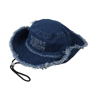Denim Bucket Hat with Frayed Brim Embroidered Lettering and Adjustable Chin Strap