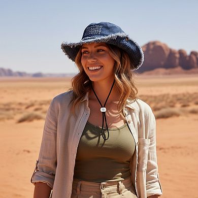Denim Bucket Hat with Frayed Brim Embroidered Lettering and Adjustable Chin Strap