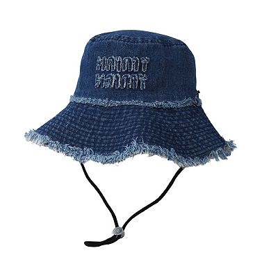 Denim Bucket Hat with Frayed Brim Embroidered Lettering and Adjustable Chin Strap