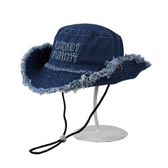 Denim Bucket Hat with Frayed Brim Embroidered Lettering and Adjustable Chin Strap