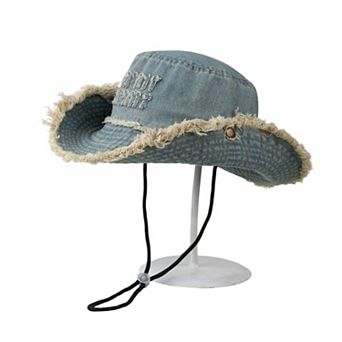 Denim Bucket Hat with Frayed Brim Embroidered Lettering and Adjustable Chin Strap