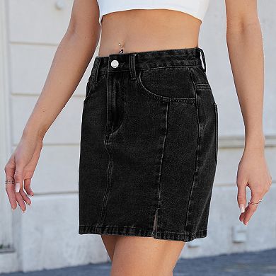 Women's Classic High-Waisted Denim Summer Mini Skirt with Side Slit