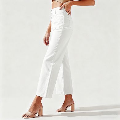 Women's High-Waisted Wide Leg Cropped Jeans - Button Front Denim Pants for Casual & Summer