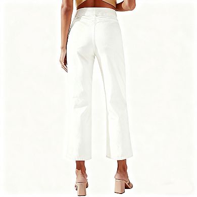 Women's High-Waisted Wide Leg Cropped Jeans - Button Front Denim Pants for Casual & Summer