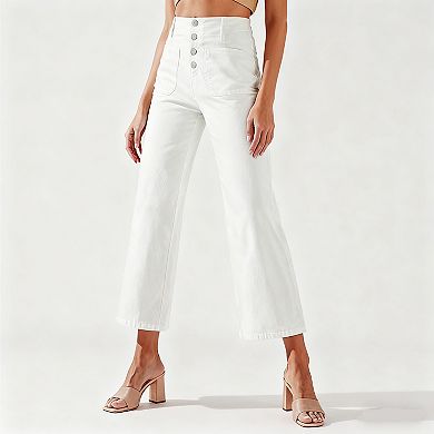 Women's High-Waisted Wide Leg Cropped Jeans - Button Front Denim Pants for Casual & Summer